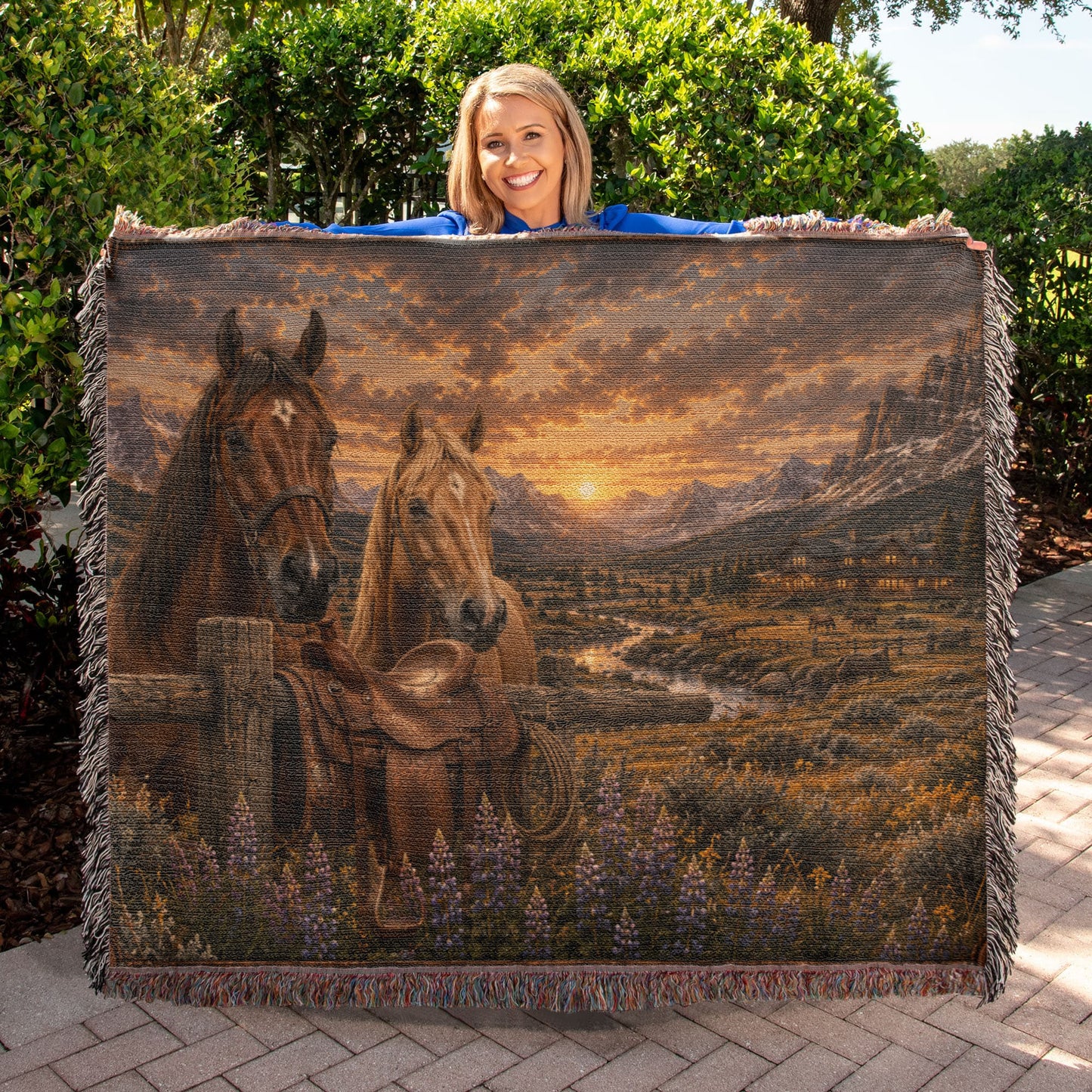 Western Horse & Saddle Throw | Rustic Ranch Decor | Mountain Sunset Blanket | Cowboy Gift