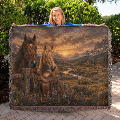 Western Horse Saddle Woven Blanket | Rustic Ranch Throw