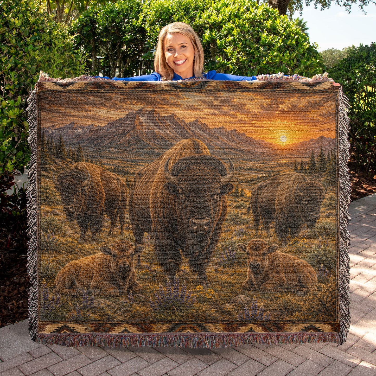 American Bison Woven Blanket | Rustic Western Throw | Buffalo Prairie Sunset Decor | Wildlife Cabin Gift