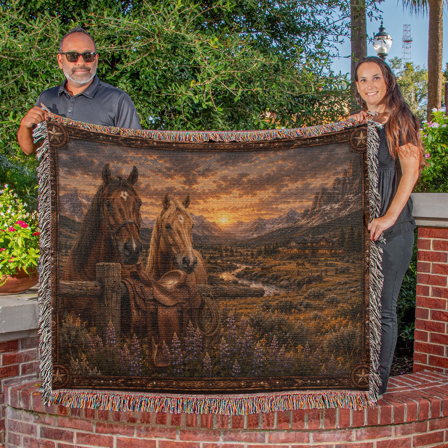 Western Horse & Saddle Throw | Rustic Ranch Decor | Mountain Sunset Blanket | Cowboy Gift
