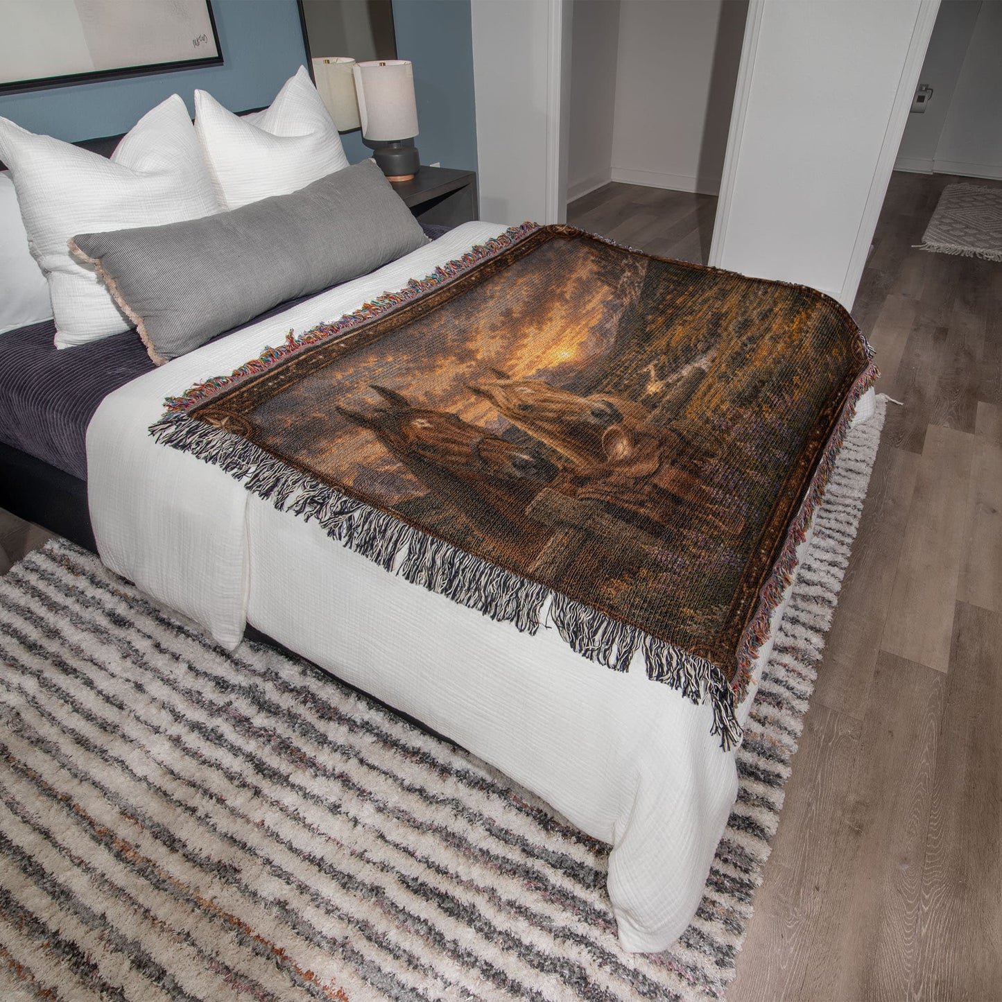 Western Horse & Saddle Throw | Rustic Ranch Decor | Mountain Sunset Blanket | Cowboy Gift