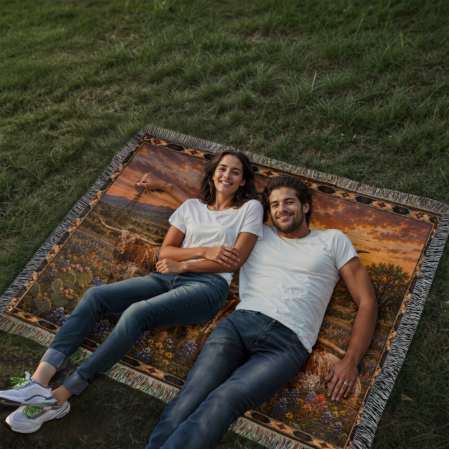 Texas Longhorn Bluebonnet Sunset Woven Blanket | Western Ranch Rustic Farmhouse Throw