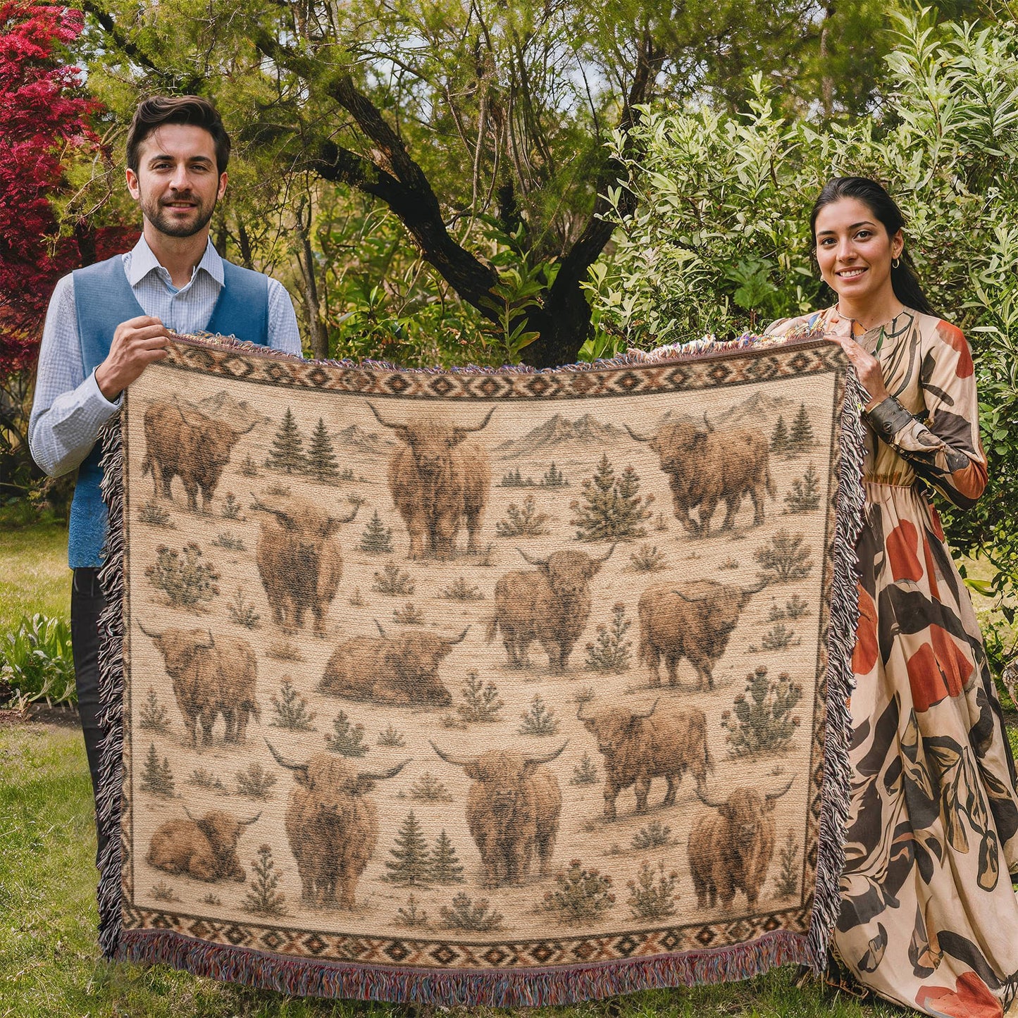 Highland Cow Woven Blanket | Rustic Farmhouse Throw | Western Country Decor | Highland Cattle Gift