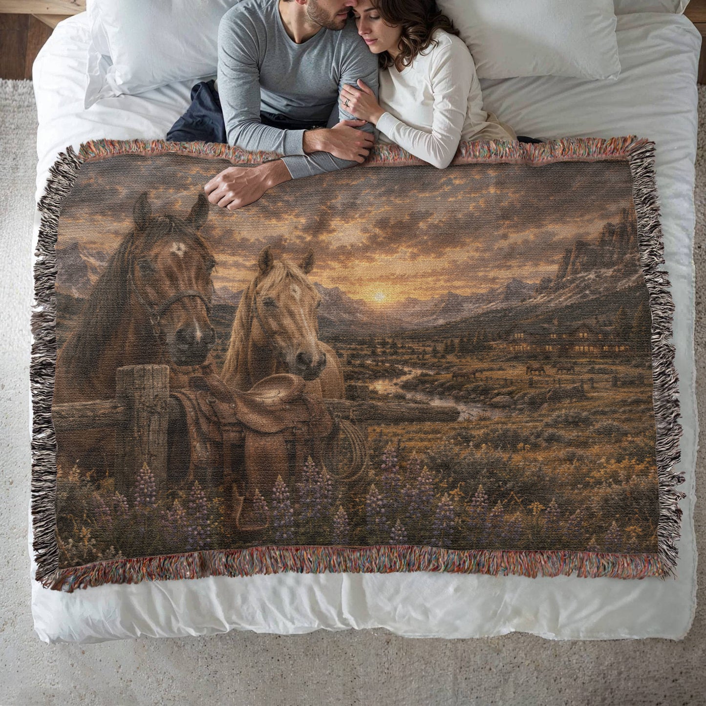 Western Horse & Saddle Throw | Rustic Ranch Decor | Mountain Sunset Blanket | Cowboy Gift