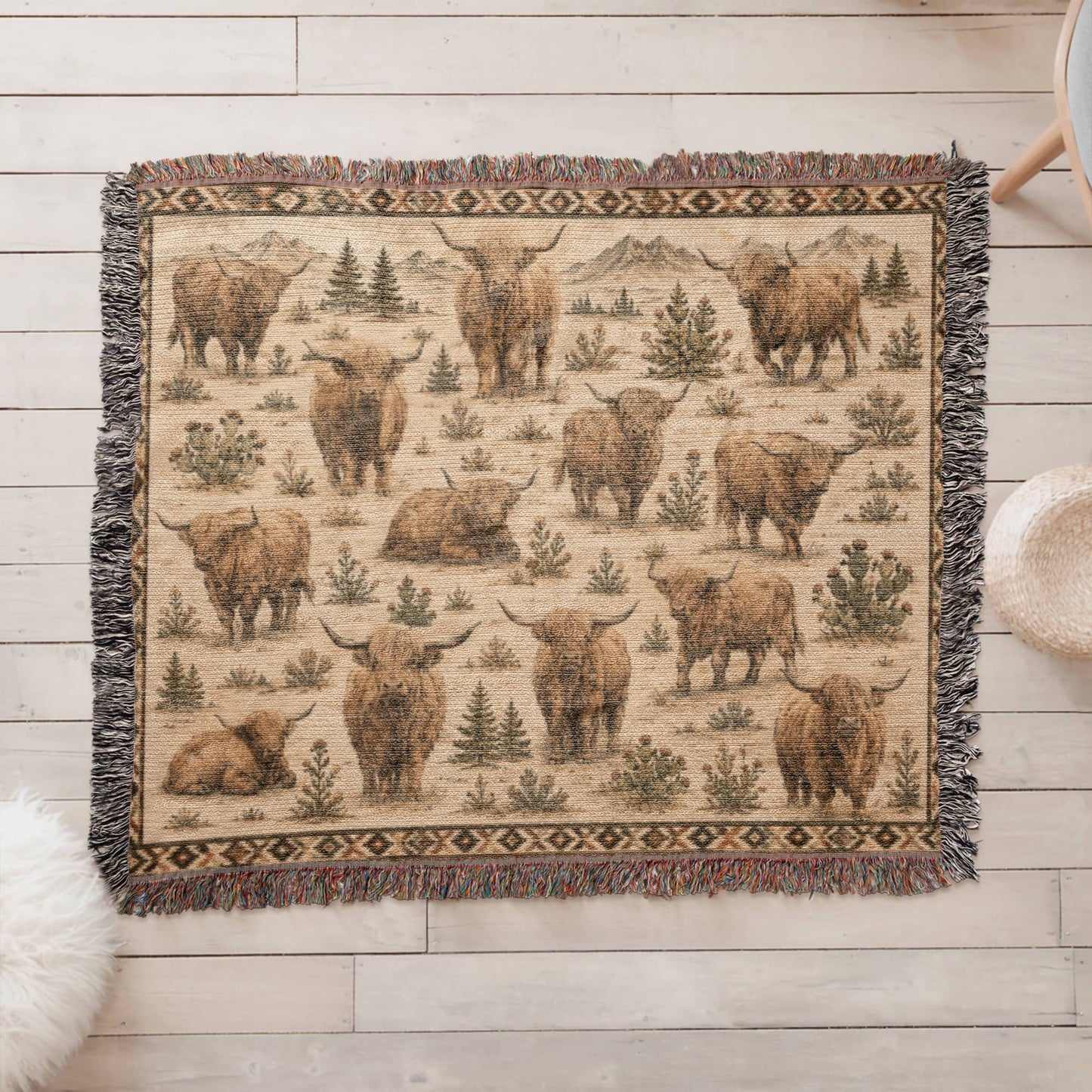 Highland Cow Woven Blanket | Rustic Farmhouse Throw | Western Country Decor | Highland Cattle Gift