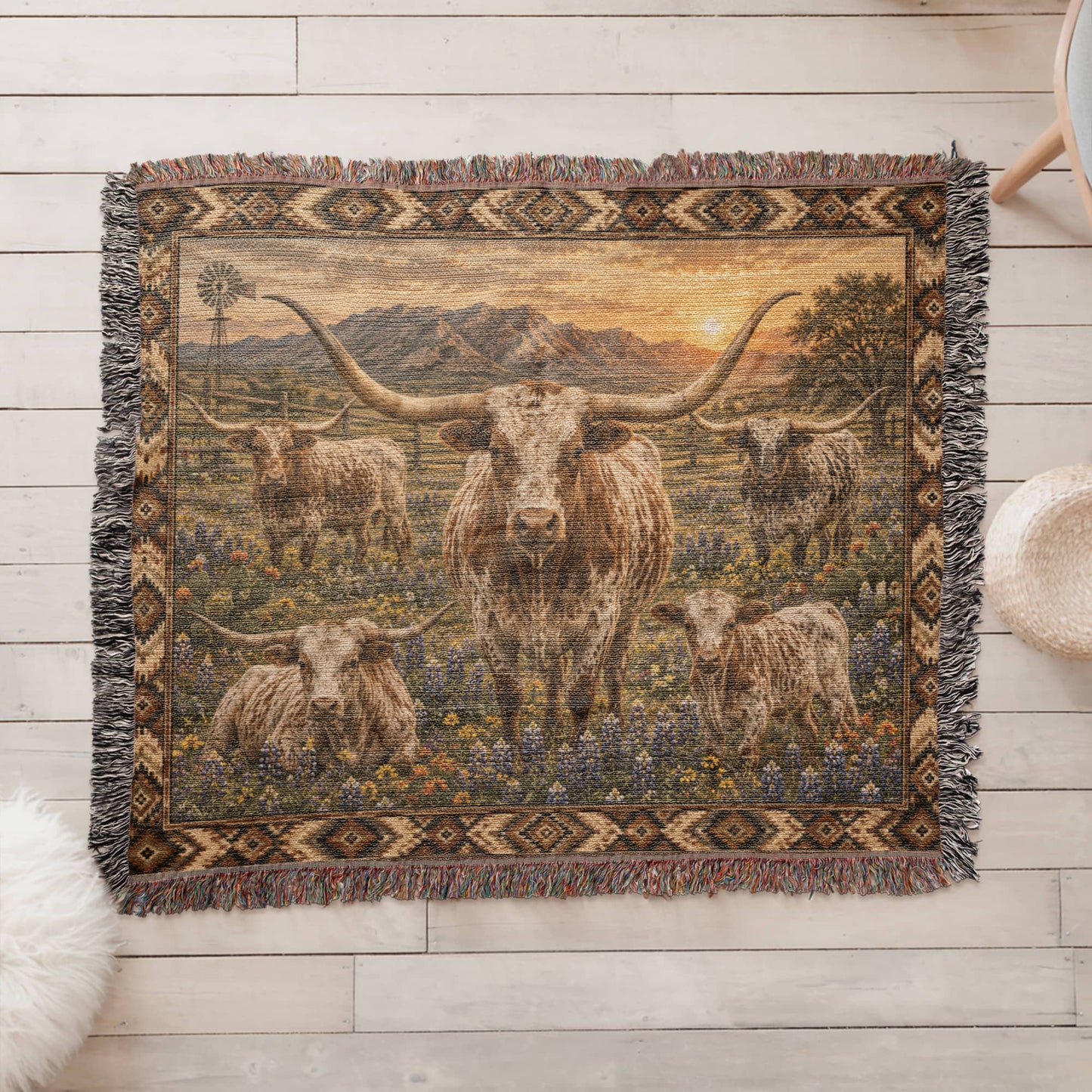 Texas Longhorn Woven Blanket | Western Ranch Throw | Rustic Farmhouse Decor | Longhorn Cattle Gift