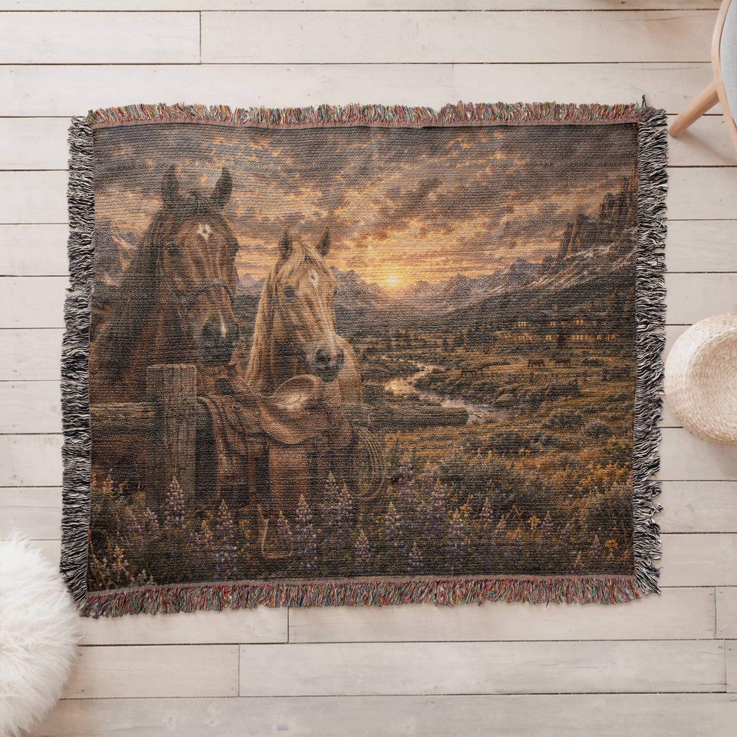 Western Horse & Saddle Throw | Rustic Ranch Decor | Mountain Sunset Blanket | Cowboy Gift