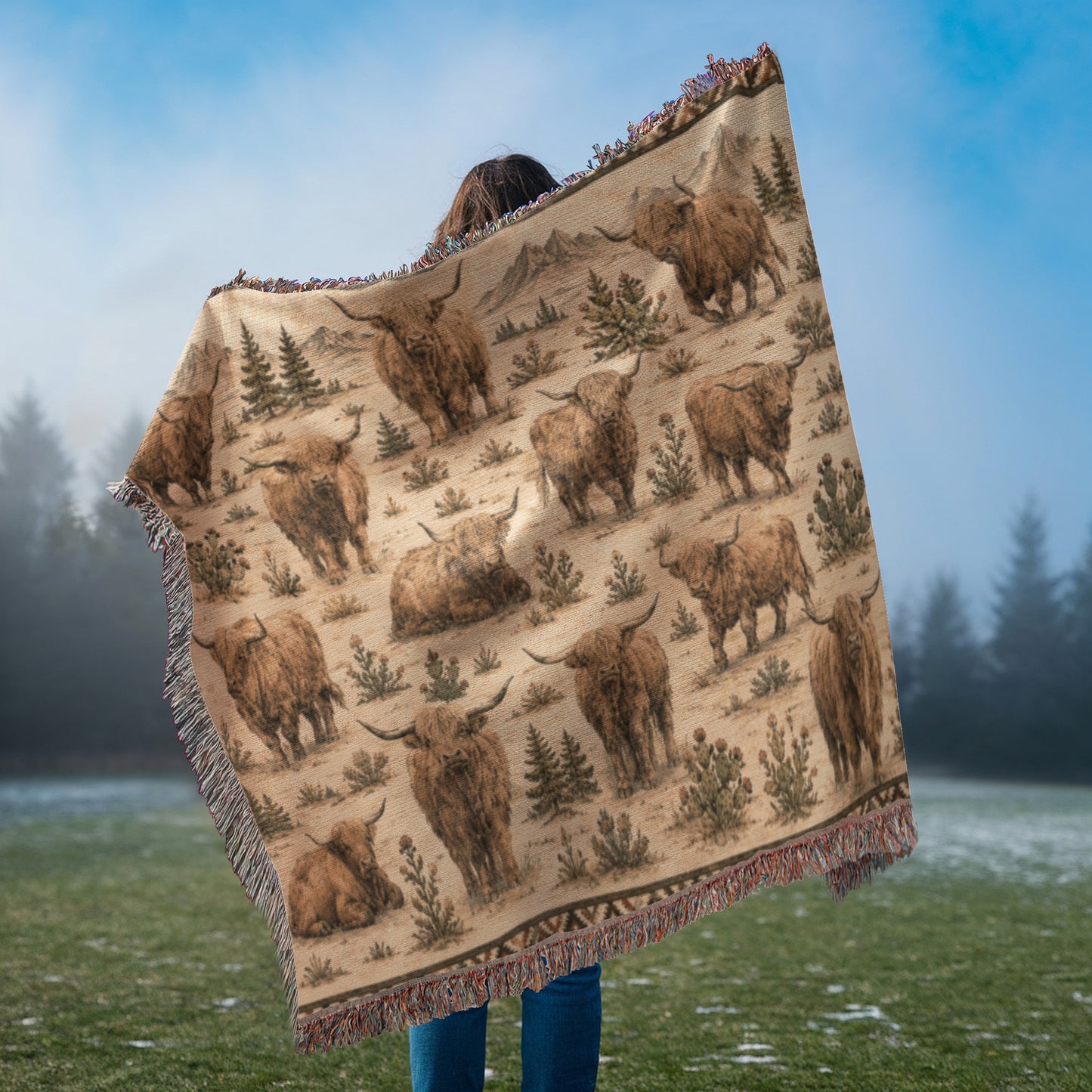 Highland Cow Woven Blanket | Rustic Farmhouse Throw | Western Country Decor | Highland Cattle Gift