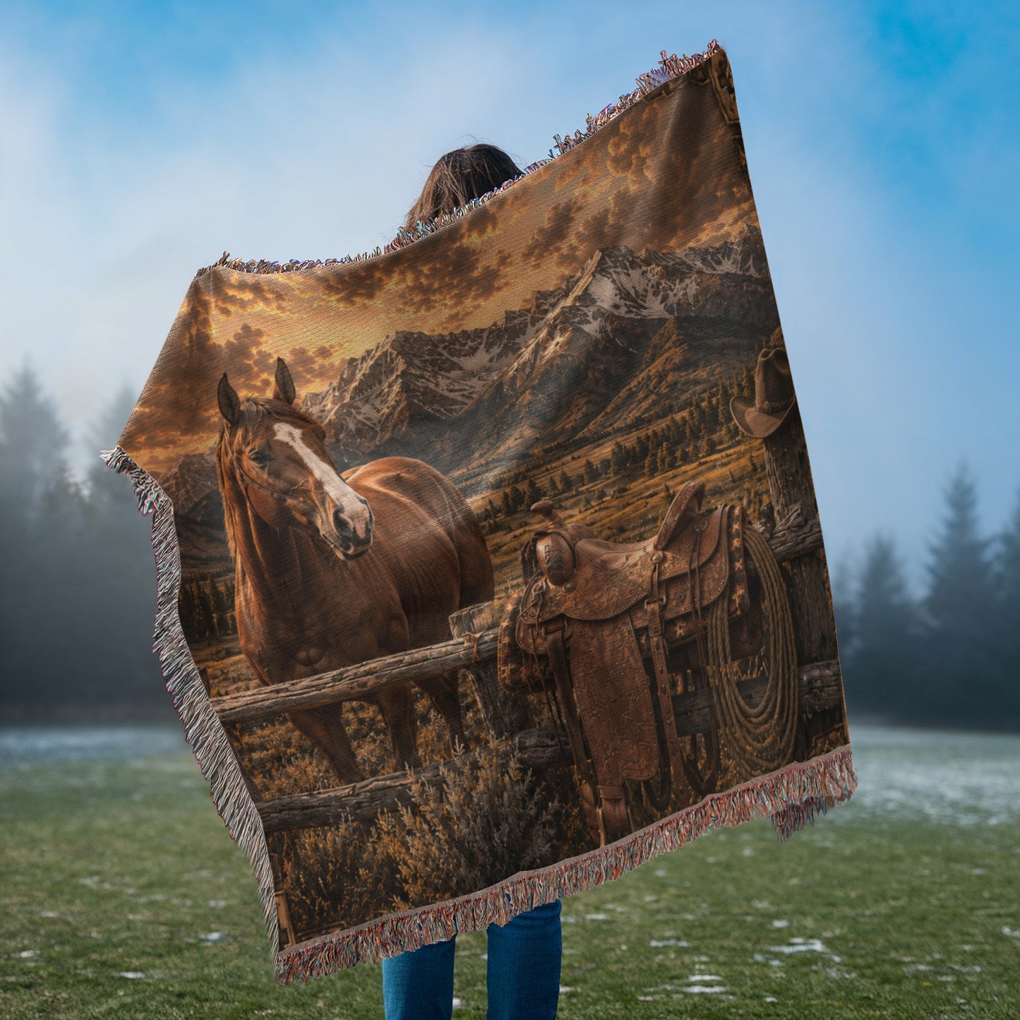 Luxury Mountain Ranch Horse Woven Blanket