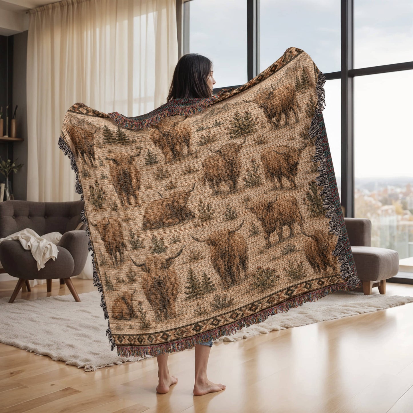 Highland Cow Woven Blanket | Rustic Farmhouse Throw | Western Country Decor | Highland Cattle Gift