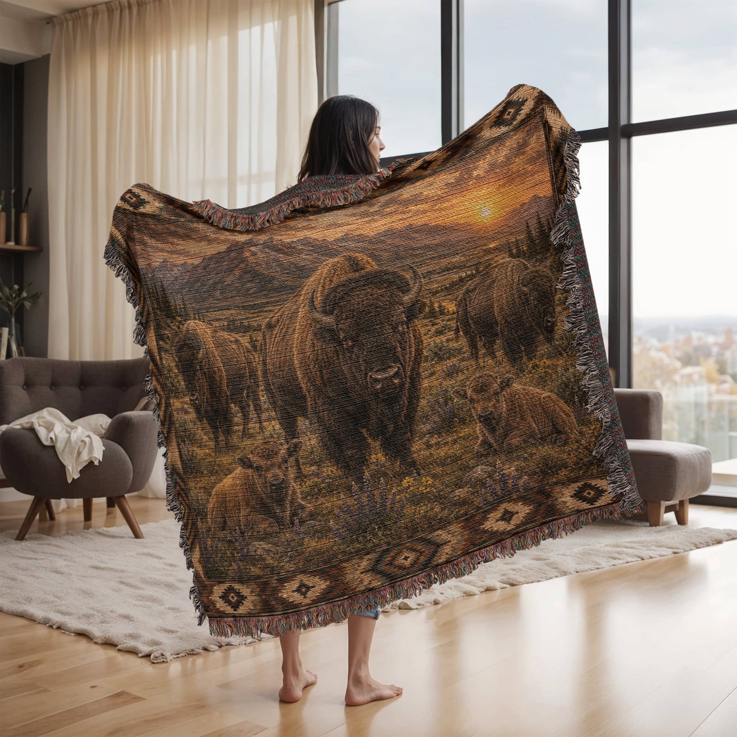 American Bison Woven Blanket | Rustic Western Throw | Buffalo Prairie Sunset Decor | Wildlife Cabin Gift