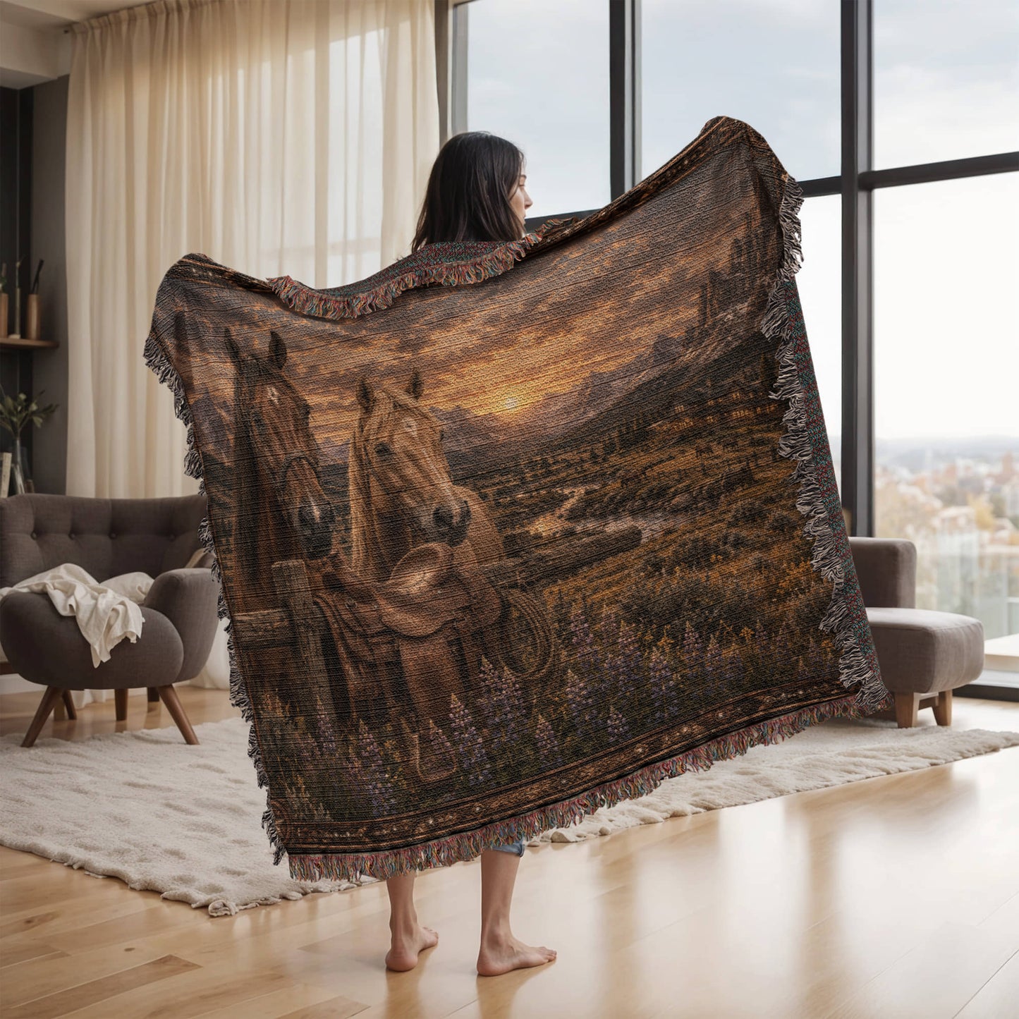 Western Horse & Saddle Throw | Rustic Ranch Decor | Mountain Sunset Blanket | Cowboy Gift