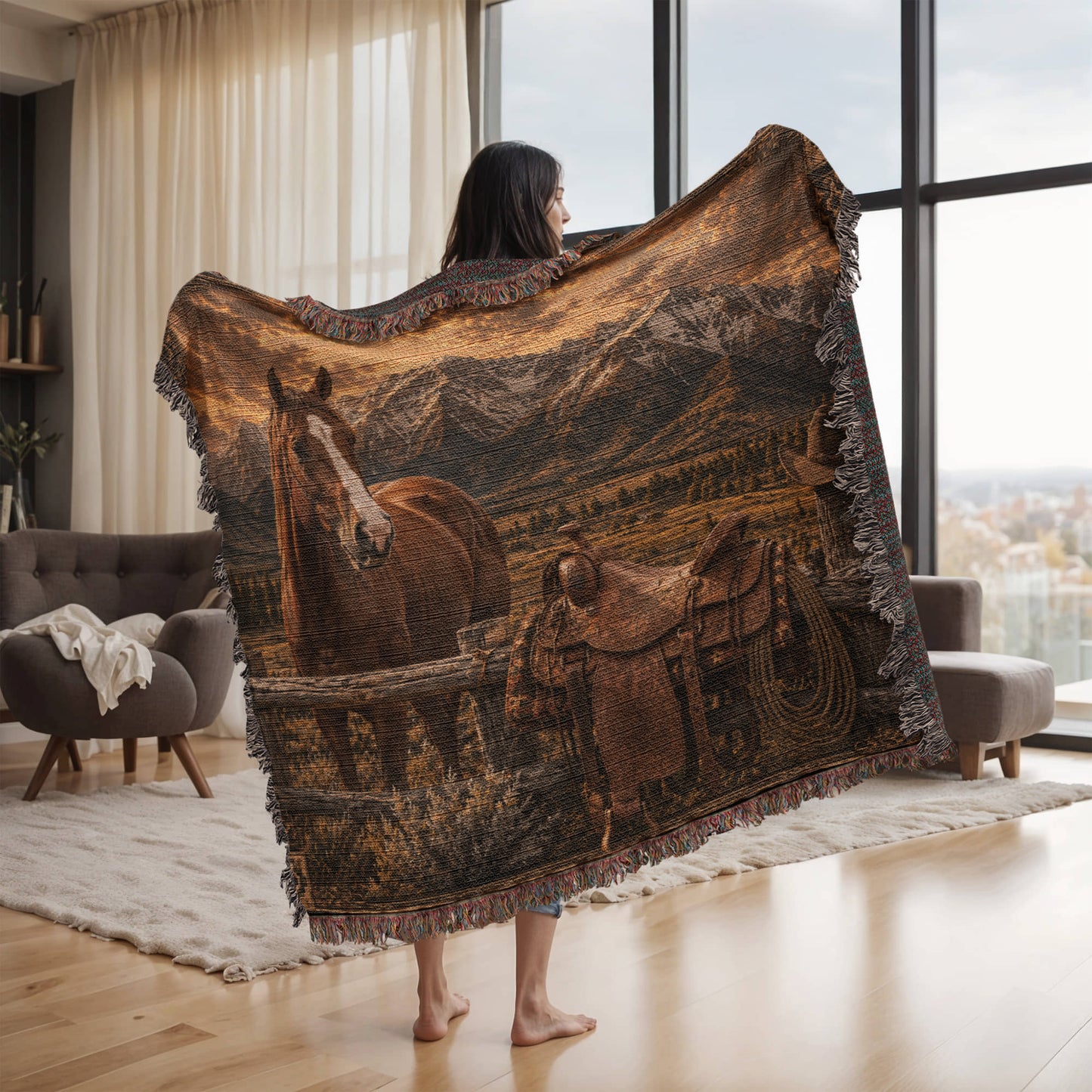 Luxury Mountain Ranch Horse Woven Blanket