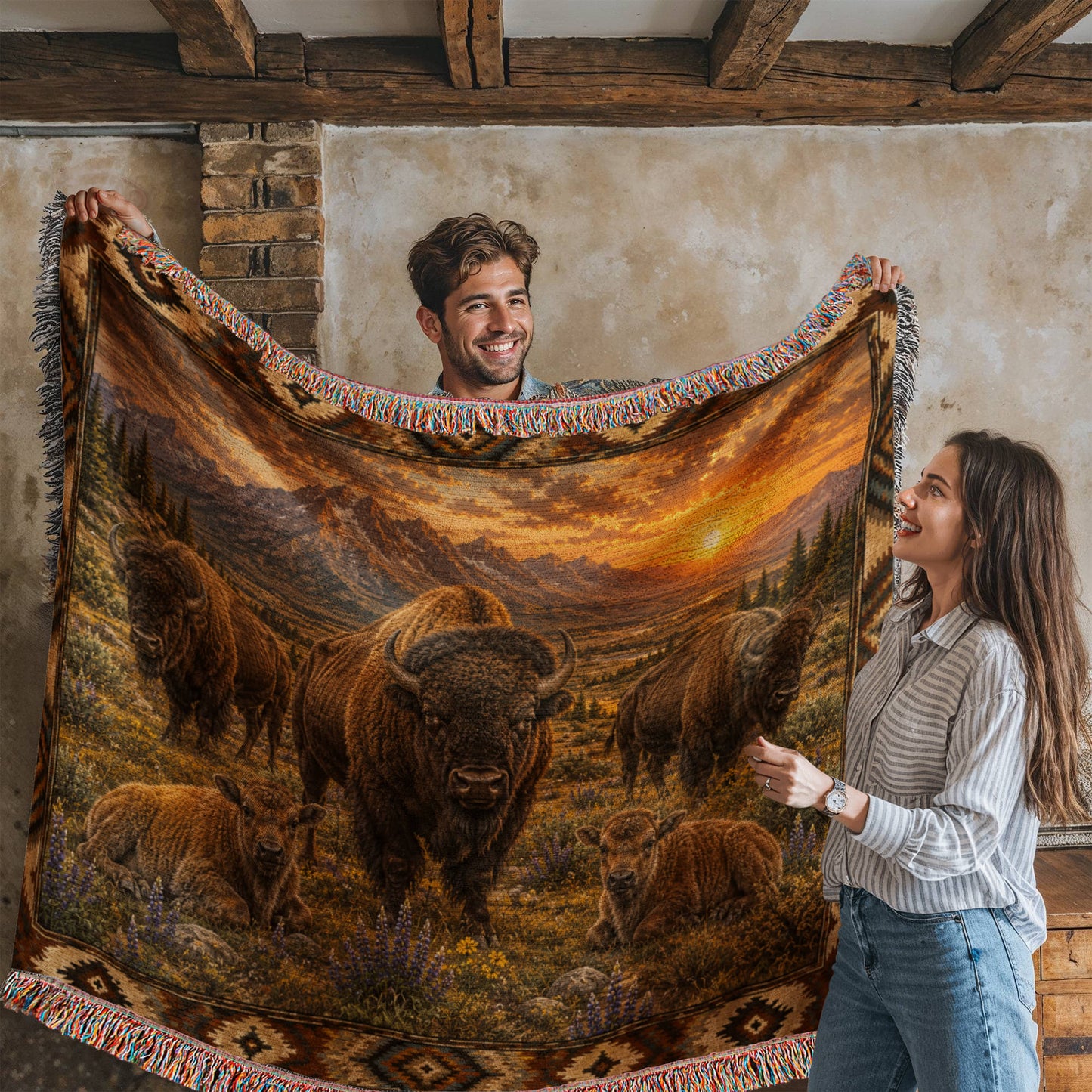 American Bison Woven Blanket | Rustic Western Throw | Buffalo Prairie Sunset Decor | Wildlife Cabin Gift
