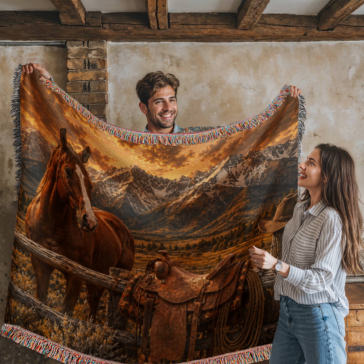Luxury Mountain Ranch Horse Woven Blanket