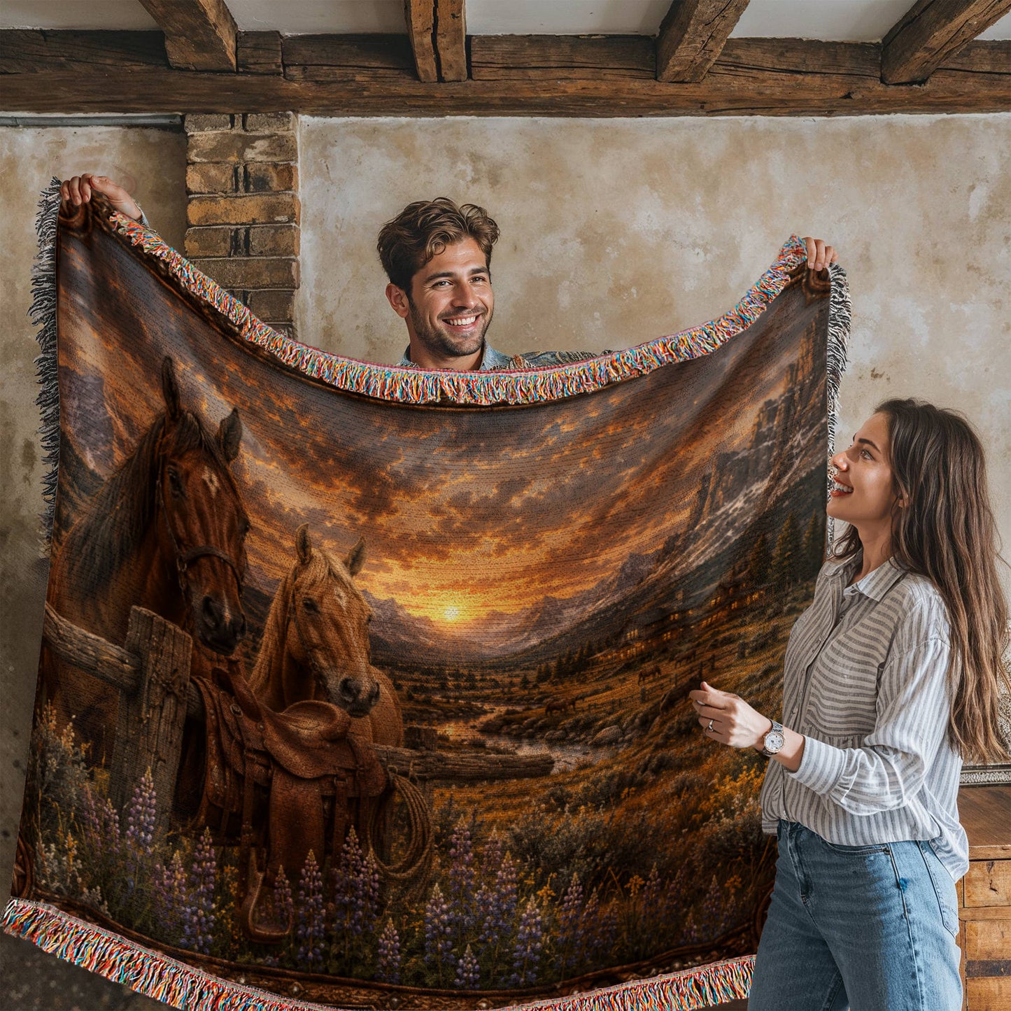 Western Horse & Saddle Throw | Rustic Ranch Decor | Mountain Sunset Blanket | Cowboy Gift