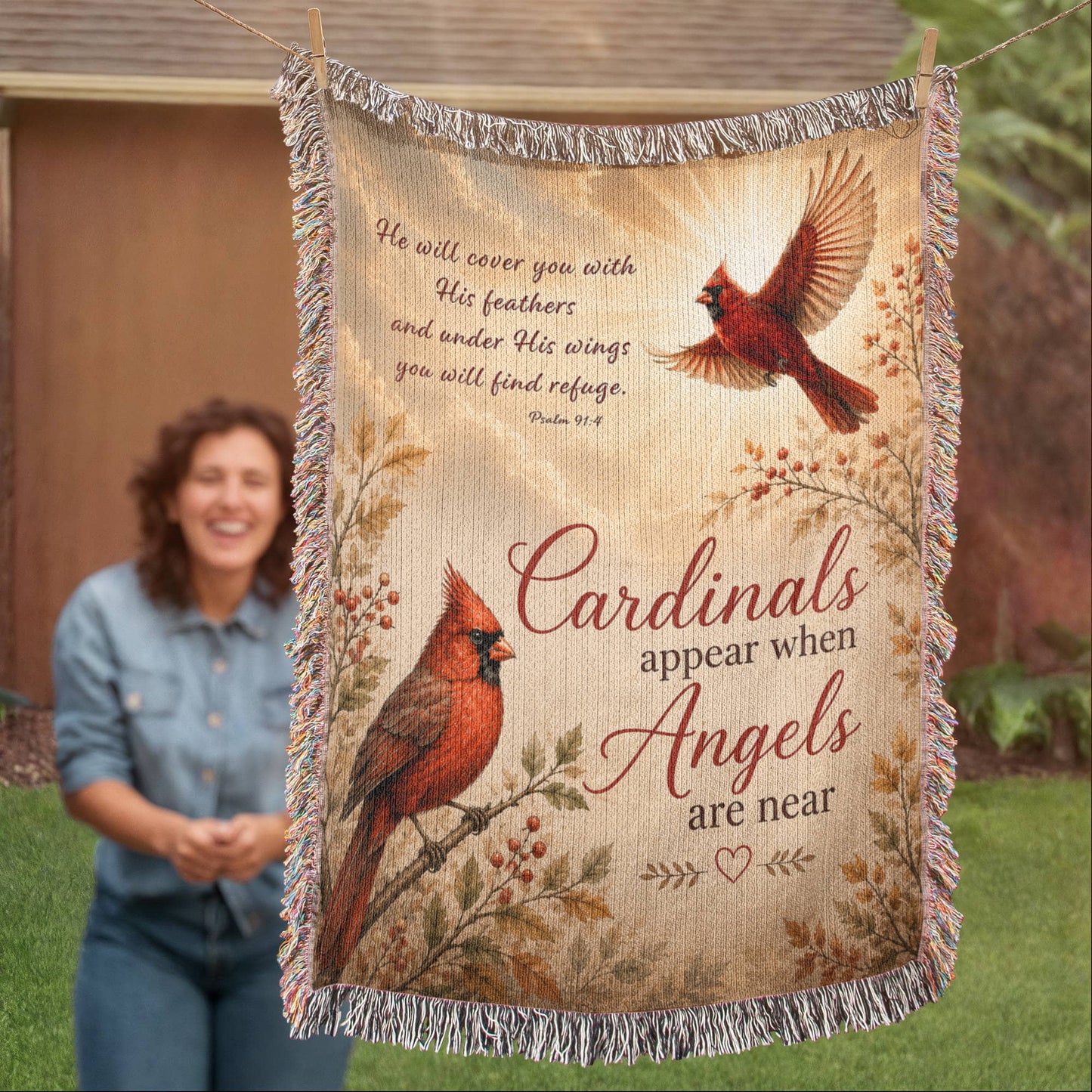 Cardinal Memorial Blanket | Cardinals Appear When Angels Are Near | Psalm 91:4 Sympathy Gift