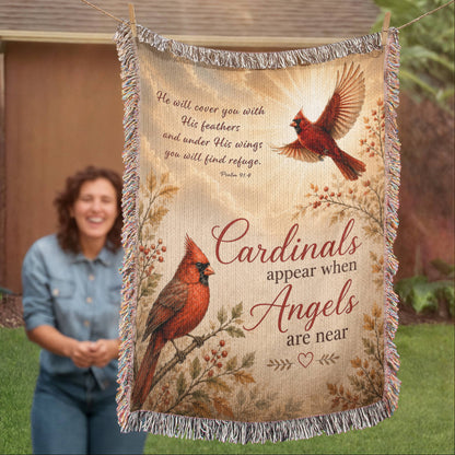 Cardinal Memorial Blanket | Cardinals Appear When Angels Are Near | Psalm 91:4 Sympathy Gift