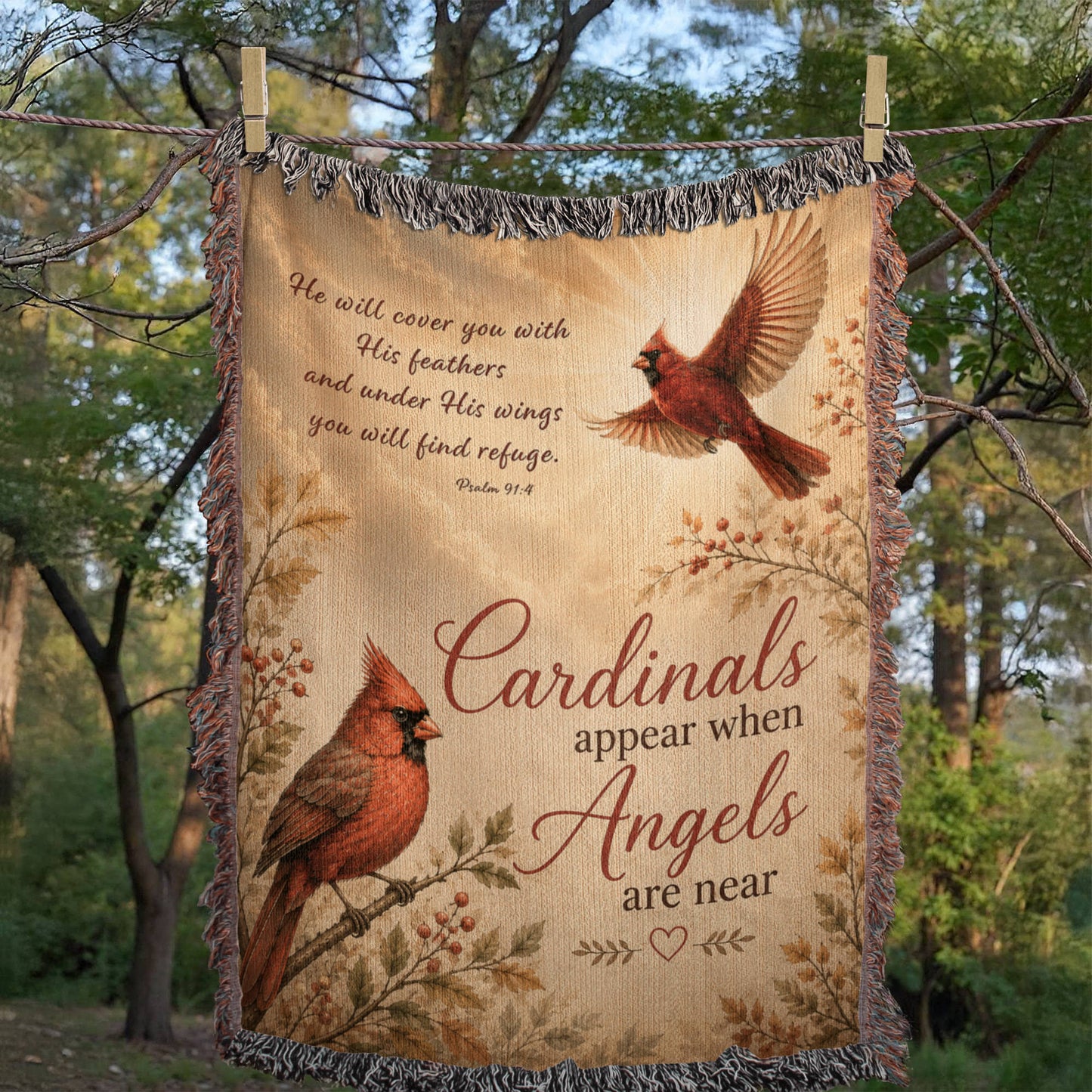 Cardinal Memorial Blanket | Cardinals Appear When Angels Are Near | Psalm 91:4 Sympathy Gift
