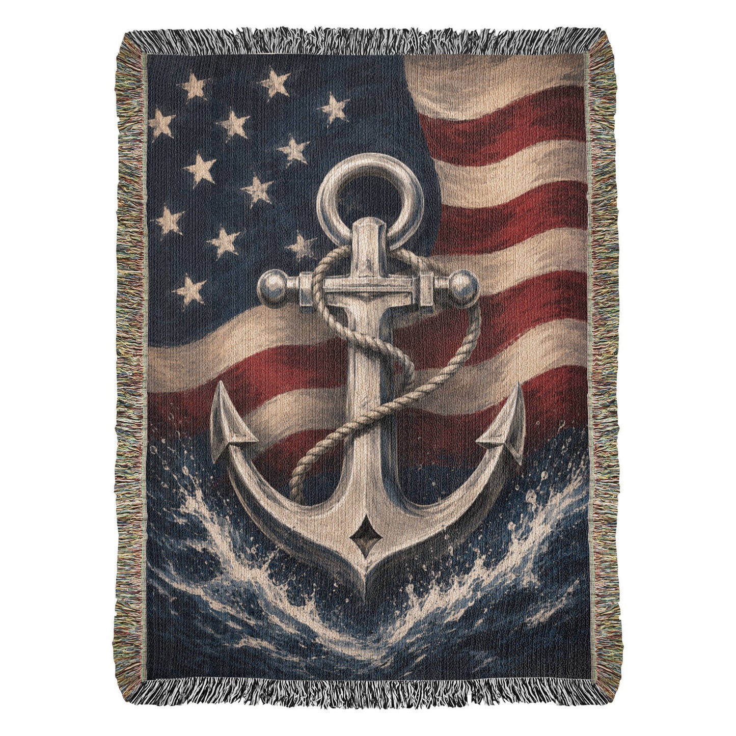 Patriotic Navy Anchor Woven Blanket | Nautical Military Gift