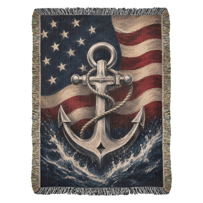 Patriotic Navy Anchor Woven Blanket | Nautical Military Gift