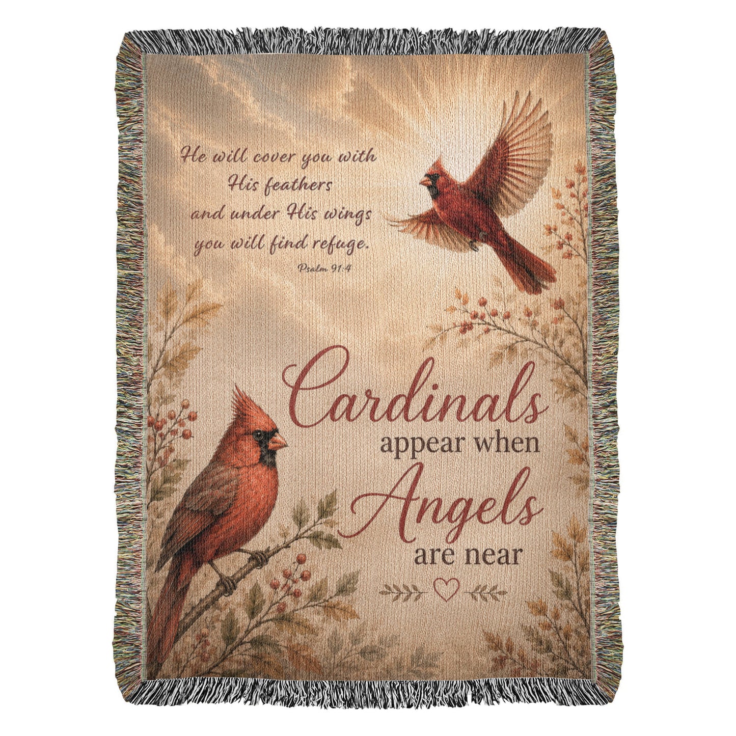 Cardinal Memorial Blanket | Cardinals Appear When Angels Are Near | Psalm 91:4 Sympathy Gift