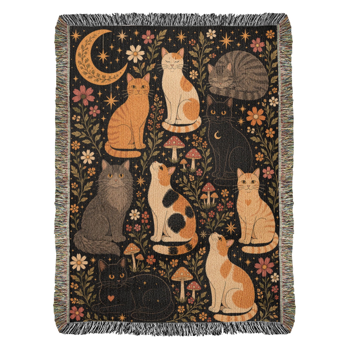 Whimsical Cat Garden Poster | Folk Art Moon & Floral Cat Wall Art