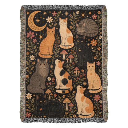 Whimsical Cat Garden Poster | Folk Art Moon & Floral Cat Wall Art