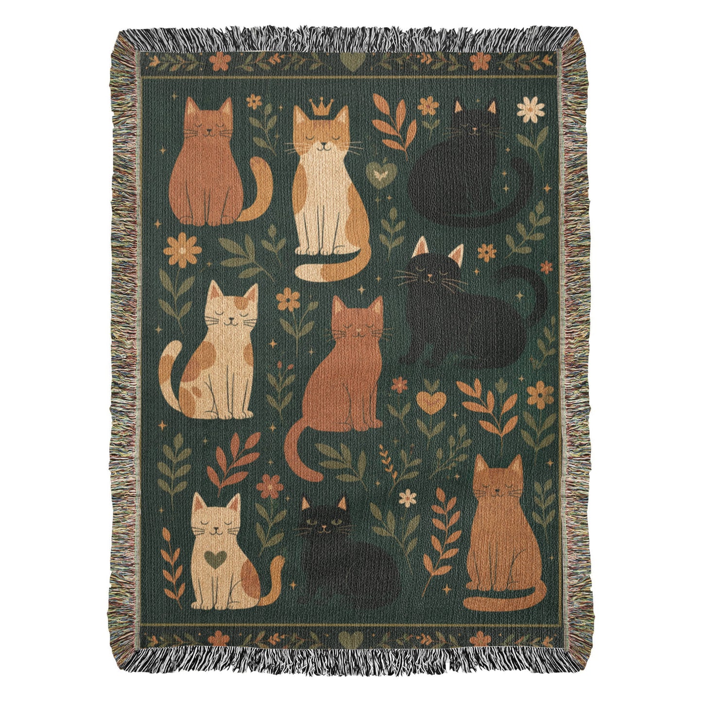 Whimsical Cat Woven Blanket | Folk Art Garden Throw