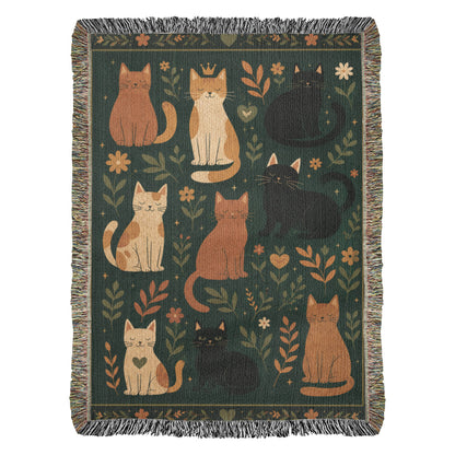 Whimsical Cat Woven Blanket | Folk Art Garden Throw
