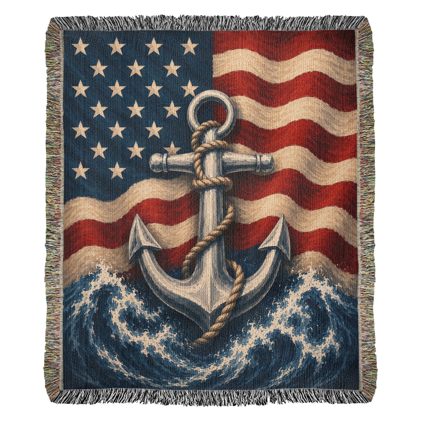 Patriotic Anchor Woven Blanket | Navy-Inspired Nautical Gift