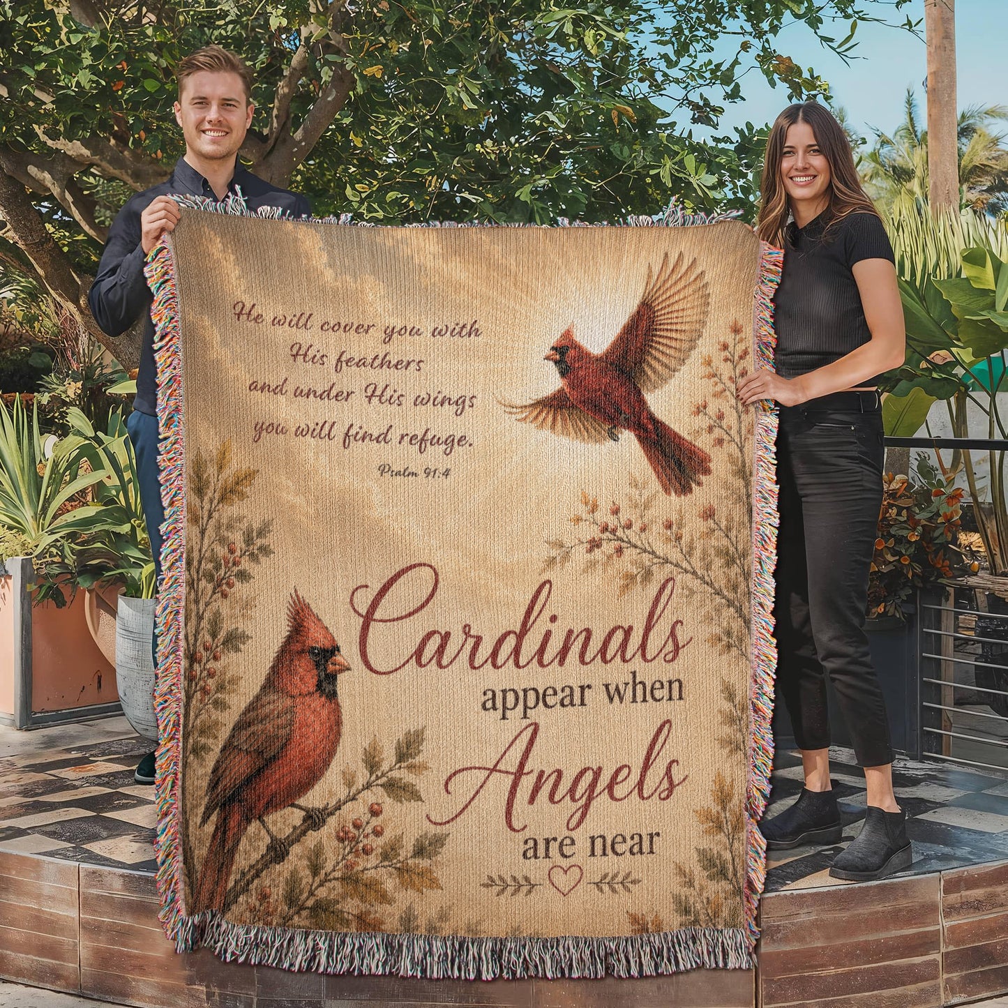 Cardinal Memorial Blanket | Cardinals Appear When Angels Are Near | Psalm 91:4 Sympathy Gift