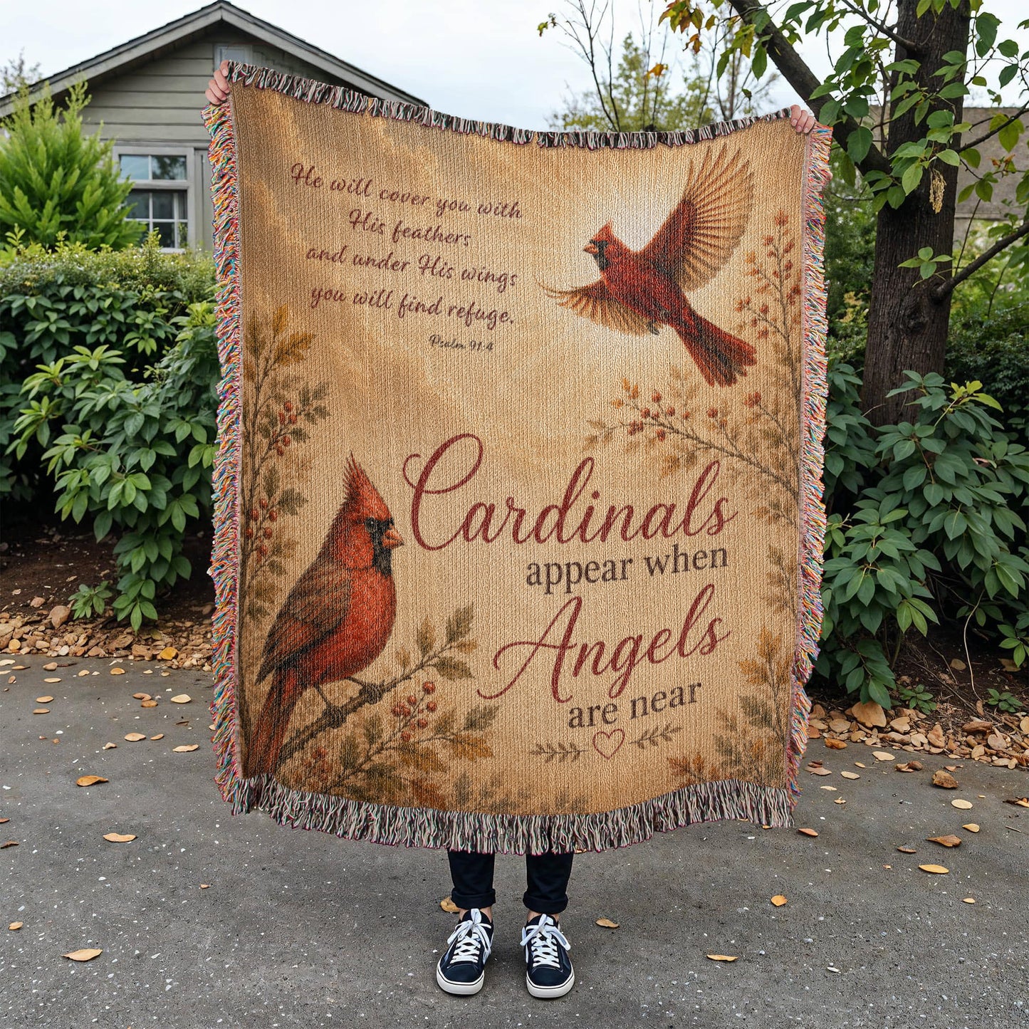 Cardinal Memorial Blanket | Cardinals Appear When Angels Are Near | Psalm 91:4 Sympathy Gift