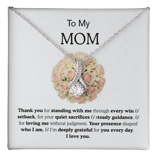To My Mom Ribbon Love Bond Necklace, Gold or Silver Pendant, Mother’s Day, Birthday, Just Because Gift