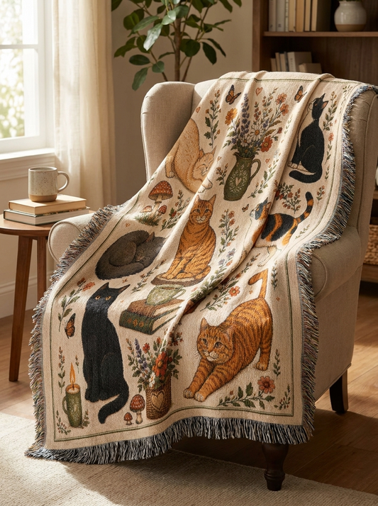 Cottagecore Cat Woven Blanket | Botanical Cat Lover Gift