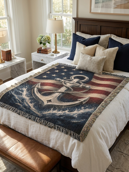 Patriotic Navy Anchor Woven Blanket | Nautical Military Gift