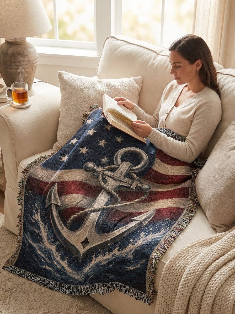 Patriotic Navy Anchor Woven Blanket | Nautical Military Gift