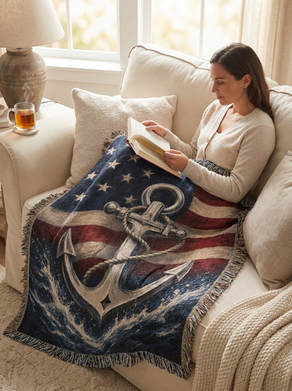 Patriotic Navy Anchor Woven Blanket | Nautical Military Gift