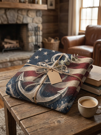 Patriotic Navy Anchor Woven Blanket | Nautical Military Gift