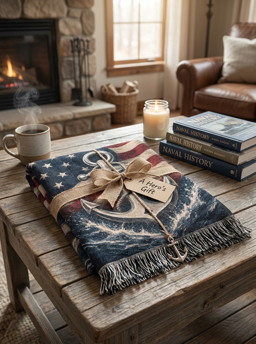 Patriotic Navy Anchor Woven Blanket | Nautical Military Gift
