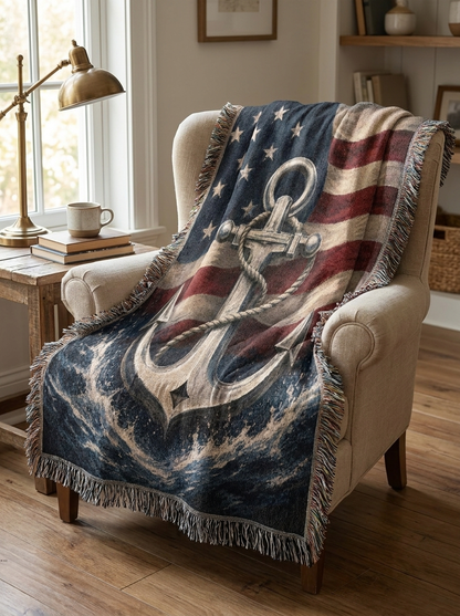 Patriotic Navy Anchor Woven Blanket | Nautical Military Gift
