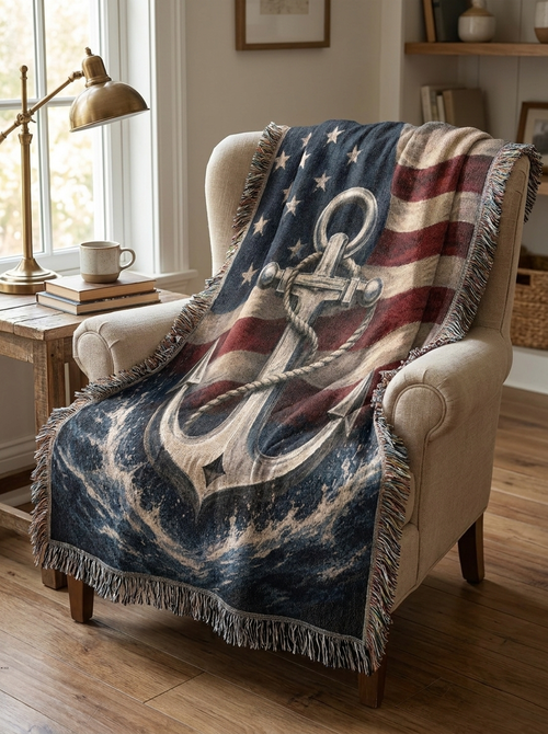 Patriotic Navy Anchor Woven Blanket | Nautical Military Gift