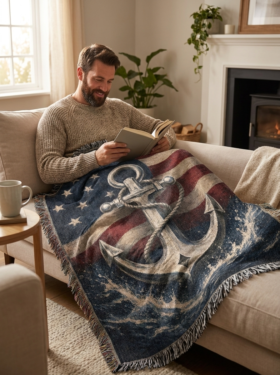 Patriotic Navy Anchor Woven Blanket | Nautical Military Gift