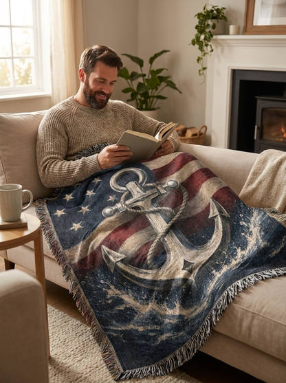 Patriotic Navy Anchor Woven Blanket | Nautical Military Gift