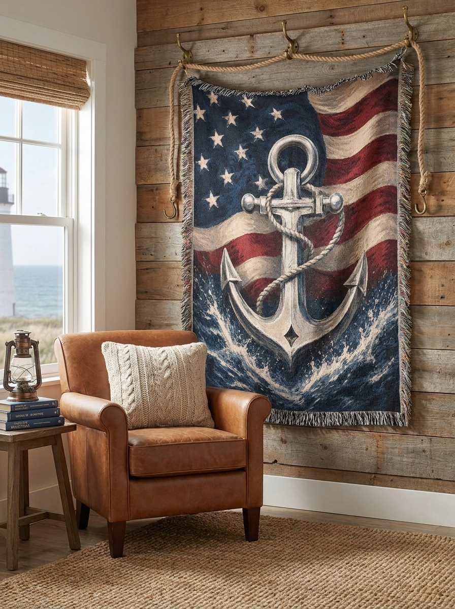 Patriotic Navy Anchor Woven Blanket | Nautical Military Gift