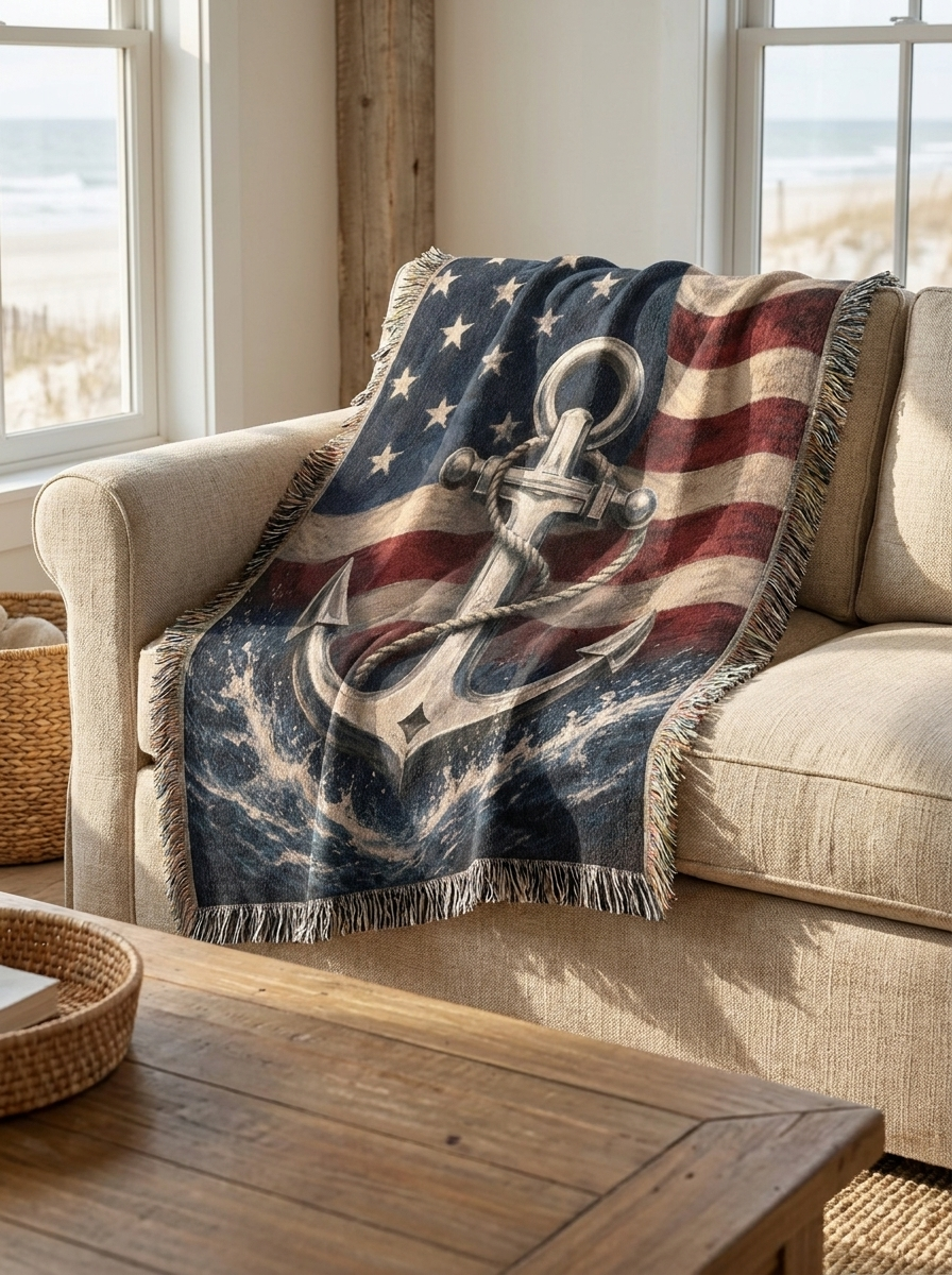 Patriotic Navy Anchor Woven Blanket | Nautical Military Gift