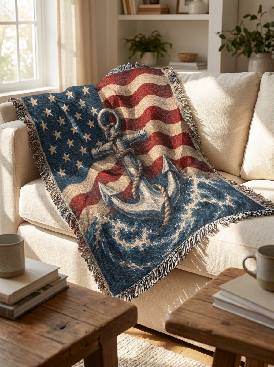 Patriotic Anchor Woven Blanket | Navy-Inspired Nautical Gift