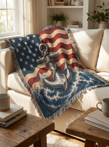 Patriotic Anchor Woven Blanket | Navy-Inspired Nautical Gift