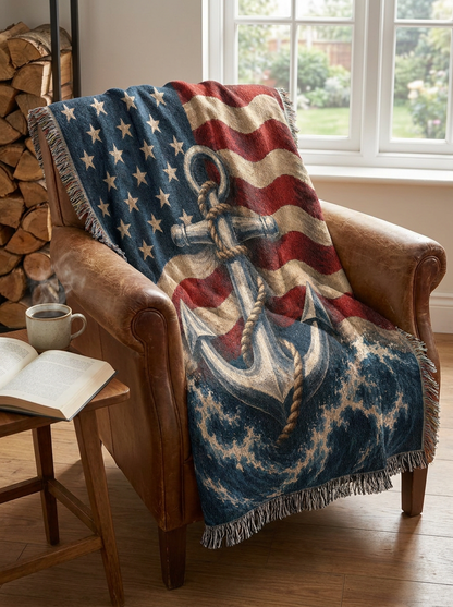 Patriotic Anchor Woven Blanket | Navy-Inspired Nautical Gift