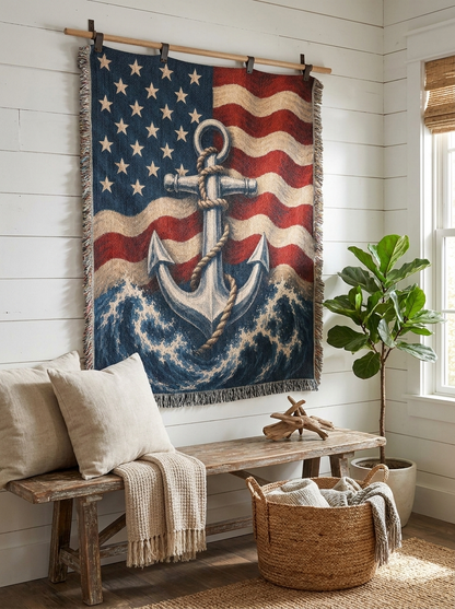 Patriotic Anchor Woven Blanket | Navy-Inspired Nautical Gift